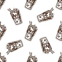Hand drawn vintage seamless pattern of chocolate milkshakes with whipped cream and straws in brown ink sketch vector