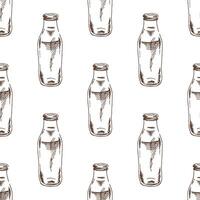 Hand drawn vintage seamless pattern of retro milk bottles in brown ink sketch style, classic engraving design vector