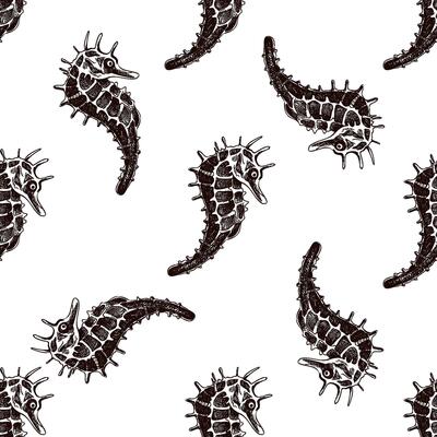 Hand drawn vintage seamless pattern of seahorse in brown ink engraving style, detailed ocean animal sketch illustration