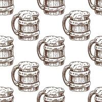 Hand drawn vintage seamless pattern of wooden beer mugs with foam in brown ink engraving sketch style vector
