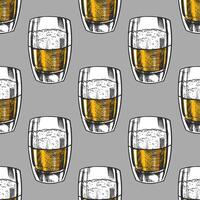 Seamless pattern with hand drawn vintage beer glasses in engraving style with amber color on gray background vector