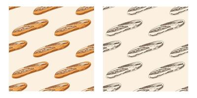 Hand drawn vintage seamless pattern of french baguette in engraving style, in color and monochrome version vector