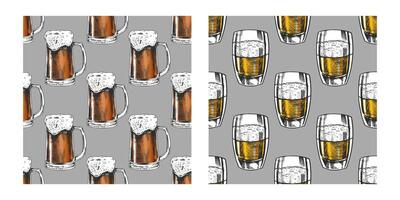Hand drawn vintage seamless pattern of beer mugs and pint glasses in engraving style on gray background vector