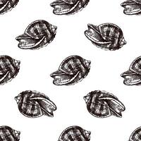 Hand drawn vintage seamless pattern of rounded open seashell in brown ink engraving style, beach sketch illustration vector