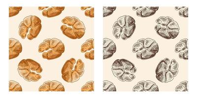 Hand drawn seamless pattern of croissant pastry in engraving style, colored version on beige background vector