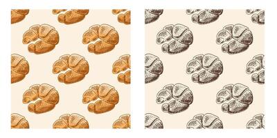Hand drawn vintage seamless pattern of croissant pastry in engraving style, colored version on beige background vector