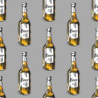 Hand drawn vintage sketch of beer bottles in engraving style with yellow accents on gray background, seamless pattern vector