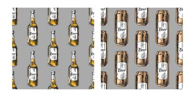 Hand drawn vintage seamless pattern of beer bottles and cans in engraving style on gray background vector