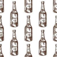 Hand drawn vintage seamless pattern of glass beer bottles with label, sketch style illustration in brown ink vector