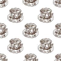 Hand drawn vintage seamless pattern of tea cups with lemon slices and saucers, brown ink engraving style vector
