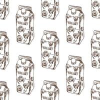 Hand drawn vintage seamless pattern of yogurt carton with berries and label, engraving style sketch in brown ink vector