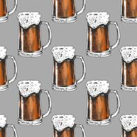 Seamless pattern with hand drawn vintage beer mugs in engraving style and amber color vector