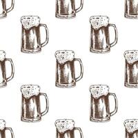 Hand drawn vintage seamless pattern of beer mugs with foam in engraving style, brown ink line sketch vector