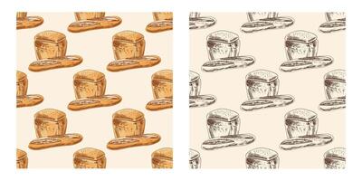 Hand drawn vintage seamless pattern of loaf and french baguette in engraving style, in color and monochrome version vector