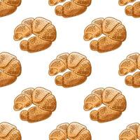 Hand drawn vintage seamless pattern of crescent croissant pastry in engraving style, colored version for bakery design vector