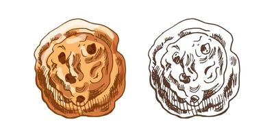 Hand drawn vintage sketch of cinnamon raisin bun in color and monochrome version, brown ink engraving style vector