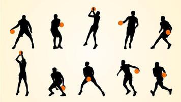 Silhouettes of basketball players in various dynamic poses with orange basketballs on a light background. vector