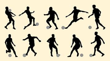 Silhouettes of soccer players performing various actions with a ball on a light background. vector