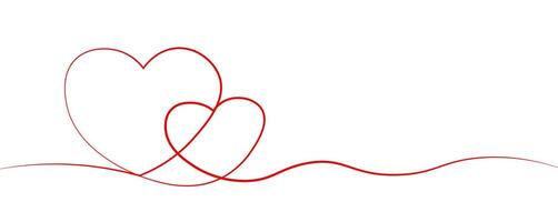 Two red Hearts Continuous One Line Drawing. Valentines day concept. vector