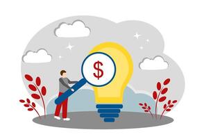 The concept of making money and a new idea. A man with a magnifying glass and a light bulb. The concept of a successful business vector