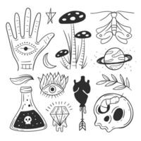 Hand-Drawn Esoteric Elements Set Mystical and Occult Symbols Collection Featuring Alchemy, Astrology, Tarot, and Spiritual Doodles for Tattoos, Branding, Posters, and Metaphysical Design Projects vector