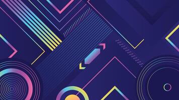 Vibrant abstract background with neon gradient lines circles and angles over a dark blue base perfect for digital design and creative projects vector