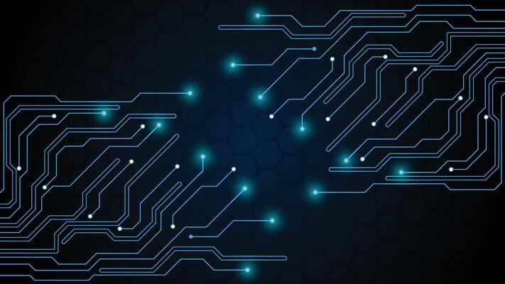 Futuristic circuit board background featuring glowing blue lines and hexagonal grid pattern ideal for tech designs and digital interfaces