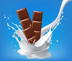 Milk splashing Chocolate liquid and Chocolate bar splashing in the middle isolated on background, realistic in 3d illustration. Food vector