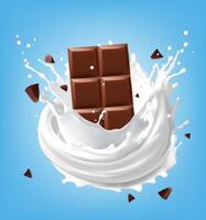 Milk splashing and Chocolate bar splashing in the middle isolated on background, realistic in 3d illustration. Food concepts.Gradient Mesh vector