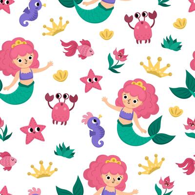 seamless pattern with mermaid with pink hair. Underwater kingdom repeat background with princess, fish, crab, seahorse, star, shell. Cartoon water, marine fairytale digital paper for kids