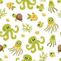 under the sea seamless pattern. Repeat background with green jellyfish, octopus, shells, tortoise, seaweeds. Ocean life digital paper. Funny water animals and weeds illustration with cute fish vector