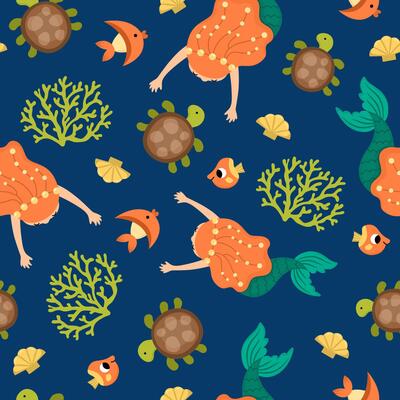 mermaids seamless pattern. Underwater kingdom repeat background with princess, fish, seaweeds, tortoise, seashell. Cartoon water, marine fairytale digital paper for kids