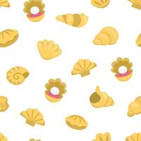 seamless pattern with seashells. Under the sea repeat background with yellow shells, mollusk, pearl. Ocean life digital paper. Funny water animals or summer beach illustration vector