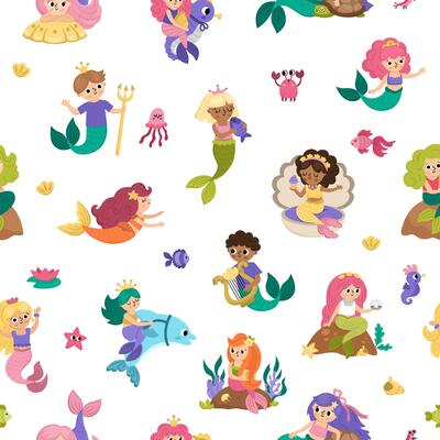 mermaids seamless pattern. Underwater kingdom repeat background with ocean princess, prince. Cartoon marine fairytale texture for kids. Water adventure digital paper with siren