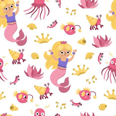 mermaids seamless pattern. Underwater kingdom repeat background with princess, fish, seaweeds, crab, jellyfish, seashell. Cartoon water, marine fairytale digital paper for kids