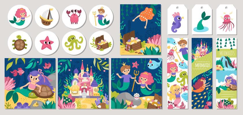 Cute mermaid cards set with princess, fish, castle, animals, treasure, tortoise. cartoon underwater kingdom square, round, vertical print templates designs for tags, postcard
