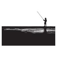 Silhouette of a fisherman casting a line with reflection on water in black and white vector