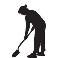 Woman silhouette using shovel in working position on a white background for designs vector