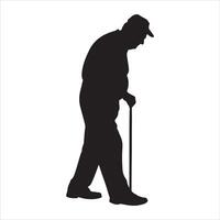 Silhouette of an elderly man walking with a cane against a white background vector