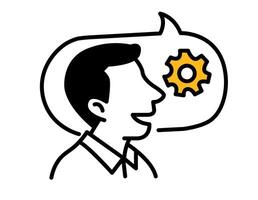 Business Solutions Icon. Man with Gear Symbol in Speech Bubble. Communication and Innovation Line Art. Productivity and Strategy Illustration. vector