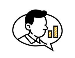 Business Analytics Icon. Man Talking with Bar Chart Symbol. Data Communication Concept Illustration. Corporate Report Line Drawing. vector