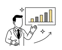 Businessman presenting financial growth chart. Explaining revenue increase with bar graph. Concept of data analysis and business performance improvement. vector