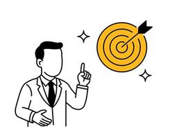 Businessman pointing at target board. Achieving business goals with focus and strategy. Concept of successful planning and hitting the bullseye. vector
