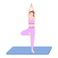 Woman in tree pose practicing yoga on mat. Balance, mindfulness, and self care in flat illustration isolate on a white background. vector