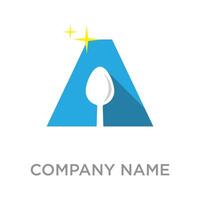 A vibrant blue triangular logo resembling the letter A, featuring a white spoon shape in the center and two yellow sparkles at the top right, suggesting cleanliness, food, or quality. vector