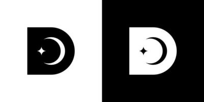 A black letter D logo with a stylized white crescent moon and a four-pointed star in its negative space, symbolizing dreams, night, or celestial elements. vector