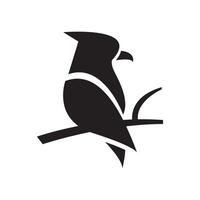 A bold black silhouette logo of a stylized bird perched on a branch, featuring sharp lines and a commanding presence. vector