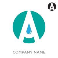 A modern logo featuring a white letter A integrated within a teal circle, with a blue water droplet in the center, symbolizing purity, hydration, or a fluid solution. vector