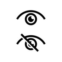 Two black outline icons depicting an eye, one open to signify visibility and the other crossed out to signify hidden or invisible status, commonly used for toggling password or content display. vector