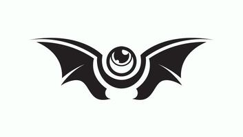 A striking black logo featuring a stylized eye at its center, flanked symmetrically by abstract bat wings, conveying themes of mystery, vision, or fantasy. vector